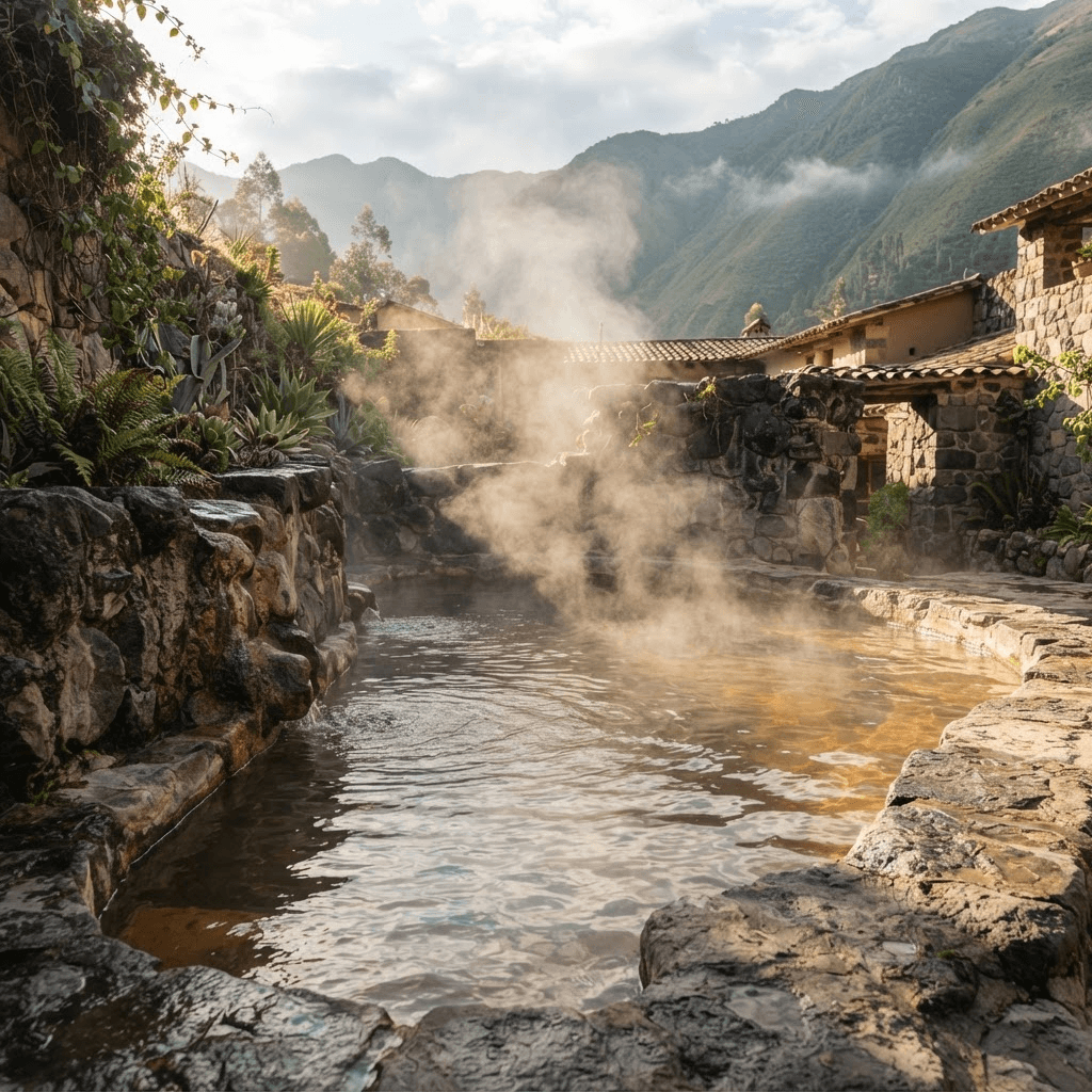 Piscina termal principal del complejo con vapor sobre el agua